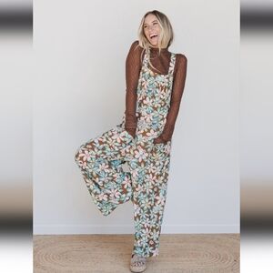 NEW NWT Three Bird Nest Floral Jumpsuit in Brown and Blue:Small